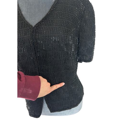 - Reggio- Black Beaded Jacket - Blouse - Checker pattern - eye hook- VTG - Picture 11 of 12